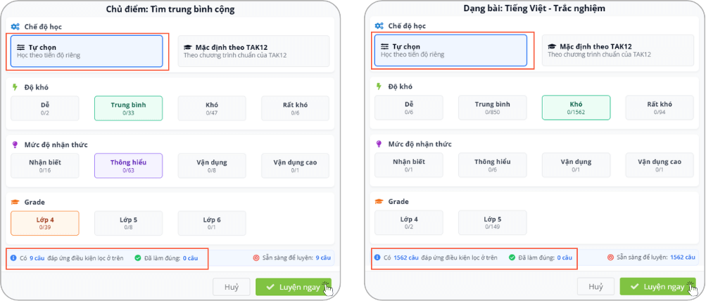 chọn độ khó toán tv